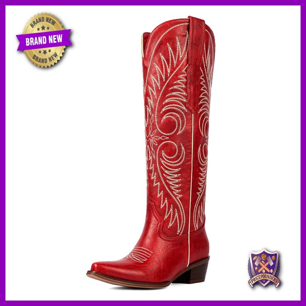 Knee High Cowgirl Boots Embroidered Pointed Toe Chunky Heel Western Pull On
